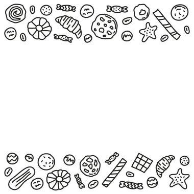 Beyaz arkaplanda çerezler, waffle ve şekerler olan bir poster.