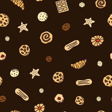 Kusursuz desenli karalama renkli kurabiyeler, waffle ve şekerler..