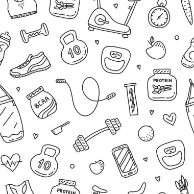 Siyah ve beyaz düz desenli. Çizgili karalama spor salonu ve form simgeleriyle..