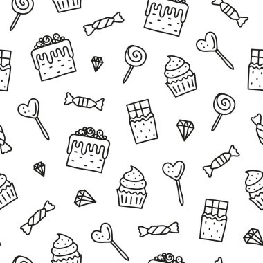 Şekerleri ve tatlıları özetleyen siyah ve beyaz desenli..