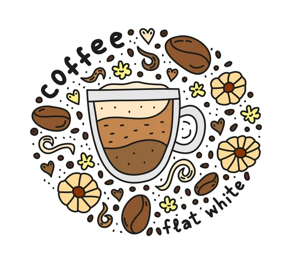Poster Mit Niedlichen Doodle Flachen Weißen Kaffeetrink Und Bohnen Kekse — Stockvektor