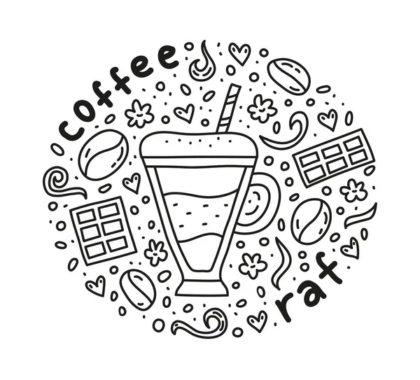 Cartel Con Lindo Doodle Raf Bebida Café Frijoles Gofres Especias — Vector de stock