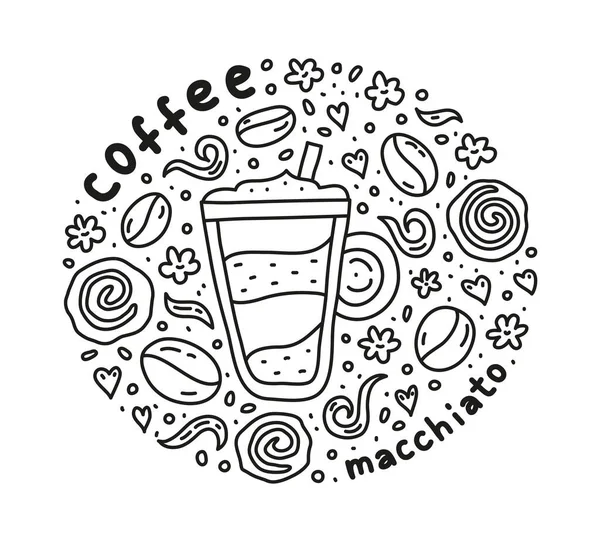 Poster Con Graziosa Bevanda Macchiato Doodle Caffè Fagioli Biscotti Spezie — Vettoriale Stock