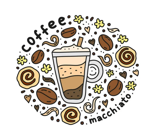 Póster Con Linda Bebida Café Macchiato Garabato Frijoles Galletas Especias — Vector de stock