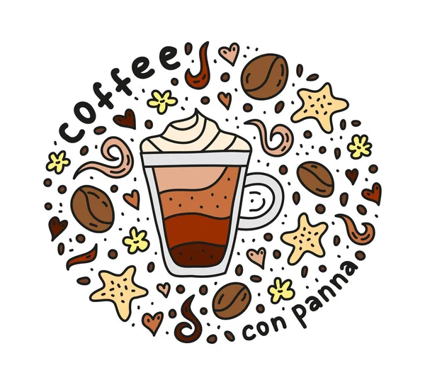 Poster Con Simpatico Doodle Con Panna Bevanda Caffè Fagioli Biscotti — Vettoriale Stock