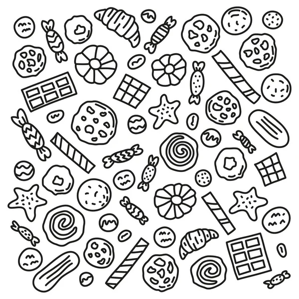 Beyaz arkaplanda karalama çerez, waffle ve şekerler var..