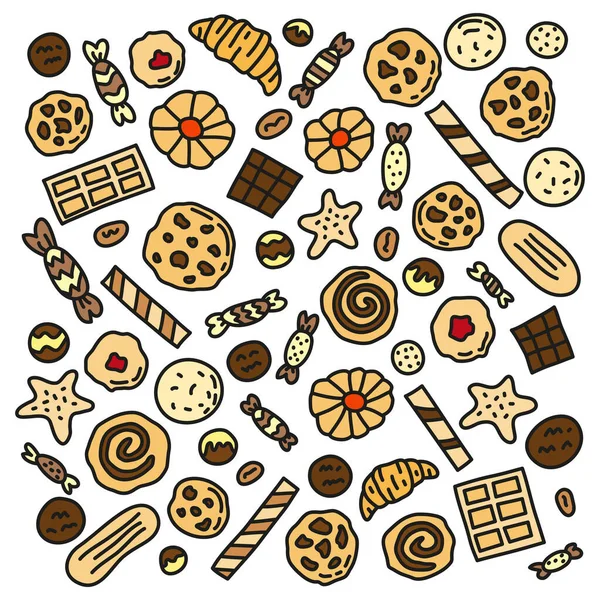 Beyaz arkaplanda karalama renkli kurabiyeler, waffle ve şekerler var..