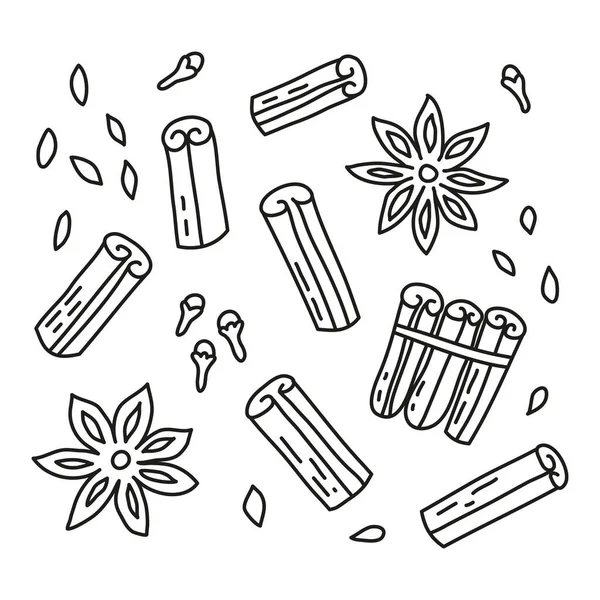 Doodle Set Mit Zimtstangen Samen Und Sternen Isoliert Auf Weißem — Stockvektor