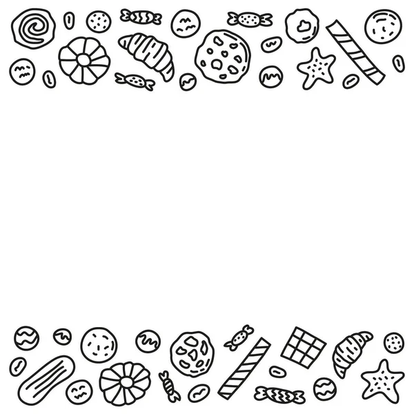 Beyaz arkaplanda çerezler, waffle ve şekerler olan bir poster.