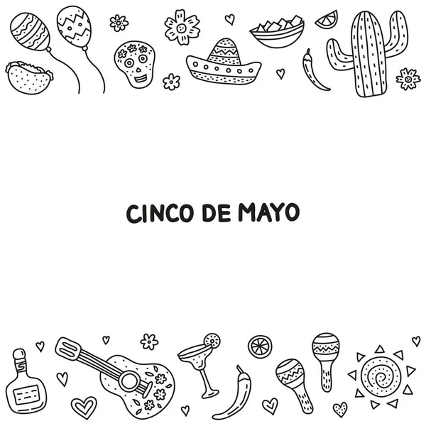 Plakát Obrysem Doodle Cinco Mayo Ikony Bílém Pozadí — Stockový vektor