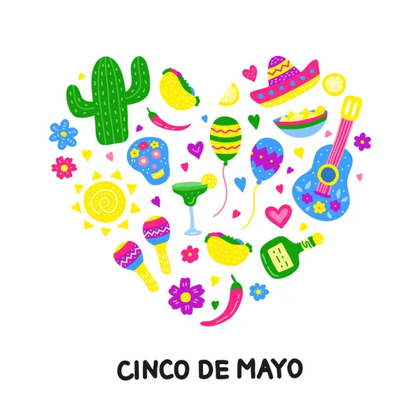 Barevné Ikony Pro Oslavu Cinco Mayo Složené Tvaru Srdce — Stockový vektor