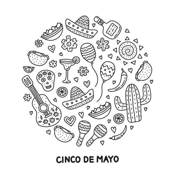 Obrysové Ikony Pro Oslavu Cinco Mayo Složené Kruhovém Tvaru — Stockový vektor