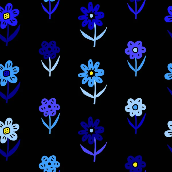 Motivo Scuro Senza Cuciture Con Fiori Scandinavi Blu Doodle — Vettoriale Stock