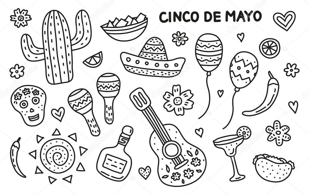 Set of doodle outline icons for Cinco de mayo celebration isolated on white background.