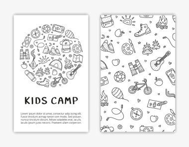 Kart şablonları ana hatları çizilmiş çocuklar kampı ve açık hava ikonları. Kullanılan kırpma maskesi.