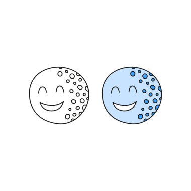 Karalama çizgisi ve renkli ay ışığı beyaz arkaplanda izole edilmiş mutlu karakter.