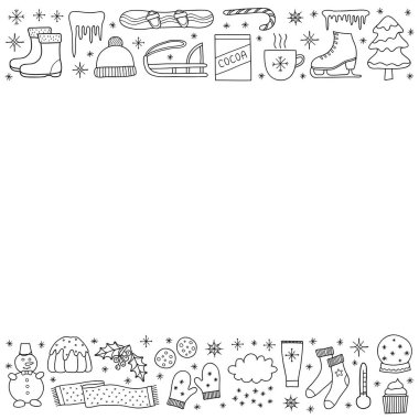 Taslak karalama kış mevsimsel simgeleri ve metin için boşluk içeren poster.