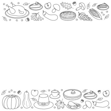 Taslak çizili bir poster Şükran Günü simgeleri ve metin için boşluk.