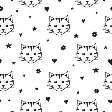 Siyah beyaz desenli karalama kedi yüzlü, kalpli, çiçekli ve yıldızlı.