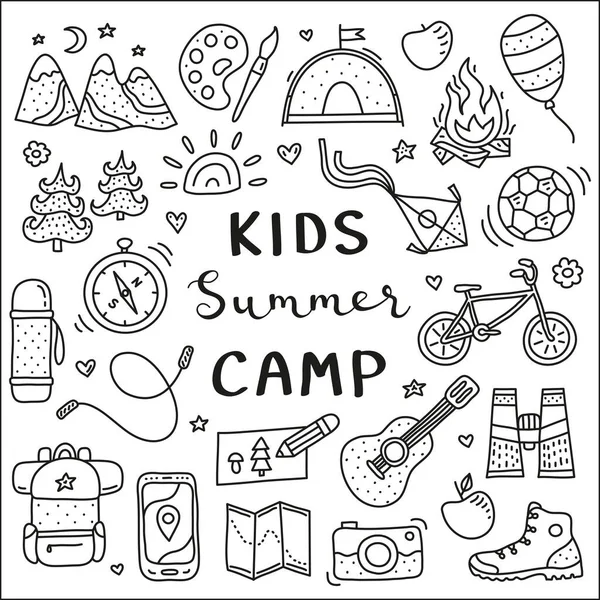 Poster Template Cute Doodle Outline Kids Camp Outdoor Icons Lettering — Stock Vector