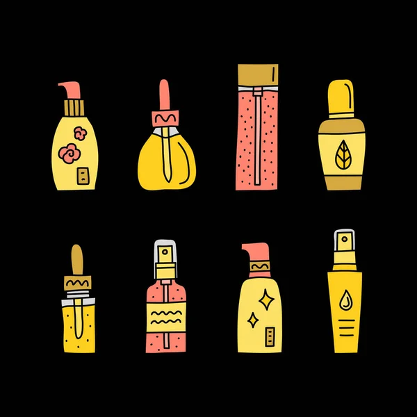 Набор Каракулей Цветной Кожи Сыворотки Ампулы Бутылки Эссенции Изолированы Черном — стоковый вектор