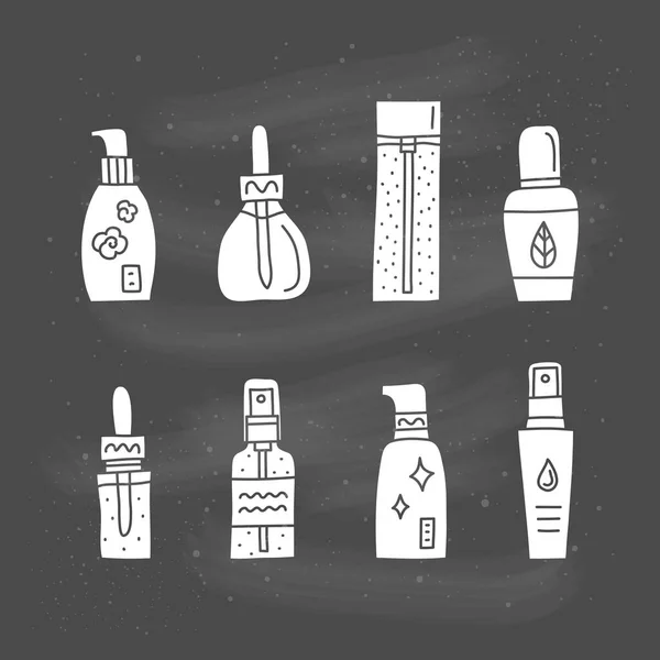 Комплект Каракули Кожи Сыворотки Ампулы Бутылки Сущности Изолированы Доске — стоковый вектор