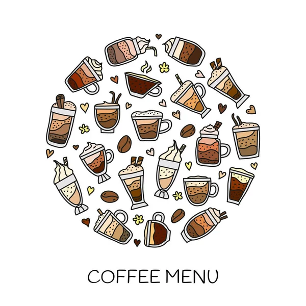 Doodle Bebidas Café Coloridas Compostas Forma Círculo —  Vetores de Stock