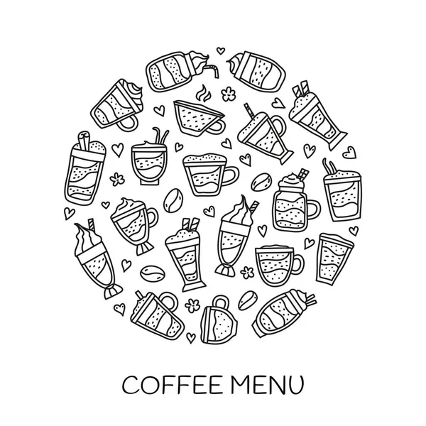 Doodle Esboza Bebidas Café Compuestas Forma Círculo — Vector de stock