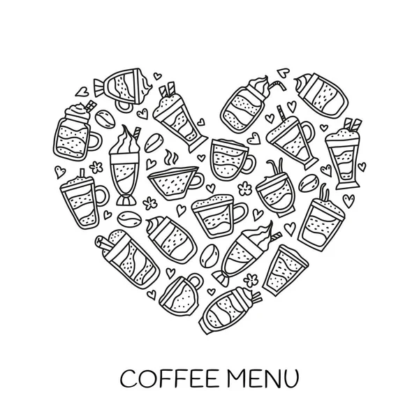 Doodle Esboza Bebidas Café Compuestas Forma Corazón — Vector de stock