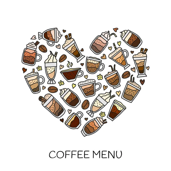 Bebidas Café Color Doodle Compuestas Forma Corazón — Vector de stock