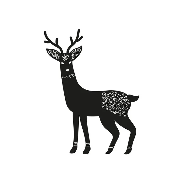 Doodle Veado Preto Com Ornamento Estilo Arte Popular Escandinavo Isolado —  Vetores de Stock