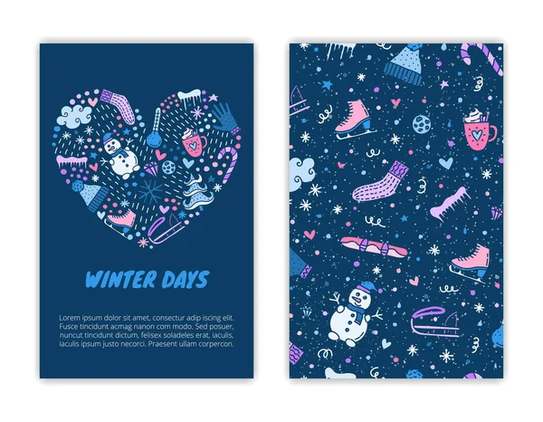 Modelos Cartão Com Ícones Inverno Coloridos Doodle Máscara Recorte Usada — Vetor de Stock