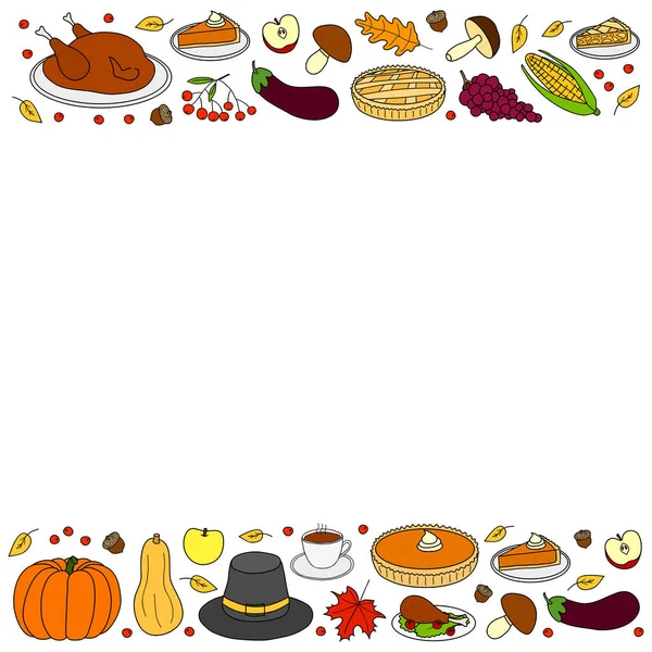 Poster Met Gekleurde Doodle Thanksgiving Iconen Ruimte Voor Tekst — Stockvector