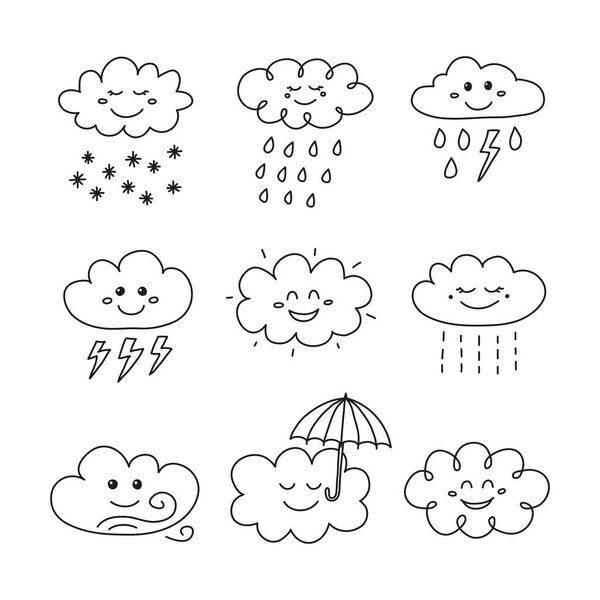 Набор каракулей контур облака счастливые иконки символов изолированы на белом фоне.