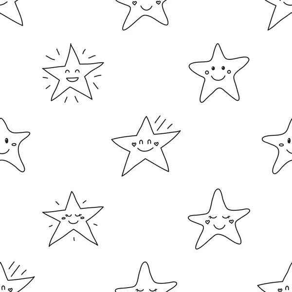 Schwarz Weißes Nahtloses Muster Mit Doodle Umrissen Glücklicher Sterne — Stockvektor