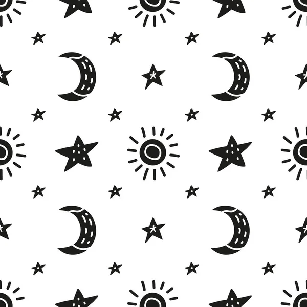 Schwarz Weißes Nahtloses Muster Mit Kritzelsternen Mond Und Sonnensymbolen — Stockvektor