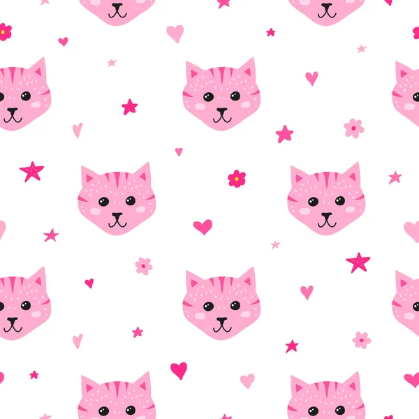 Cute Girly Seamless Pattern Doodle Pink Cat Faces Hearts Flowers — Stock Vector