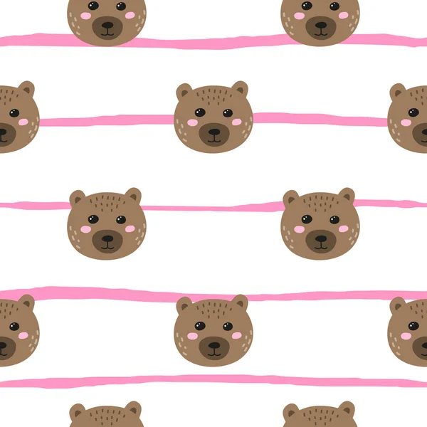 Padrão Sem Costura Com Doodle Rostos Urso Colorido Listras — Vetor de Stock