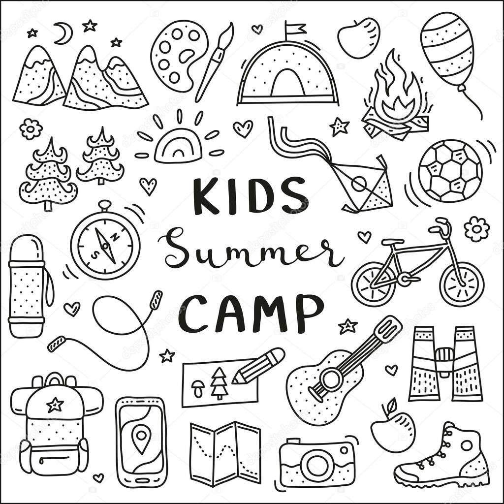 Poster template with cute doodle outline kids camp, outdoor icons and lettering isolated on white background.