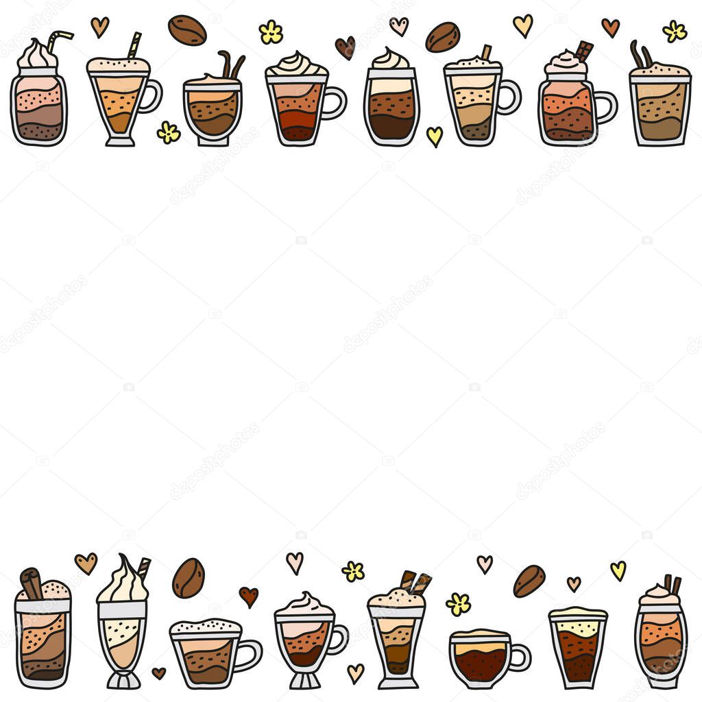 Poster with doodle colored coffee drinks and white background.