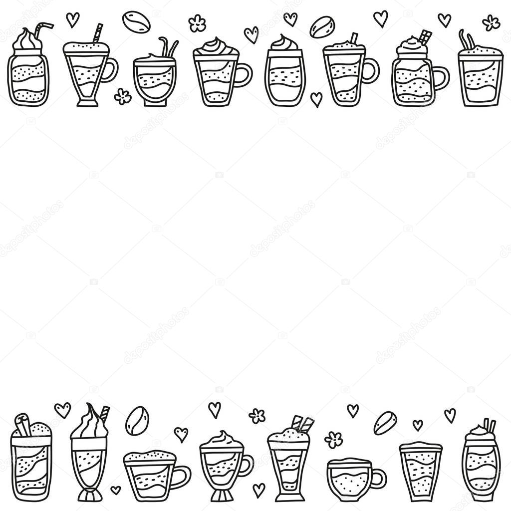 Poster with doodle outline coffee drinks and white background.