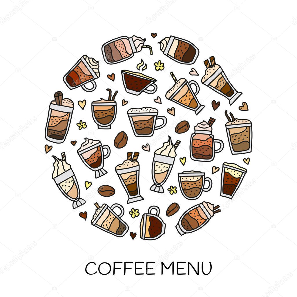 Doodle colored coffee drinks composed in circle shape.