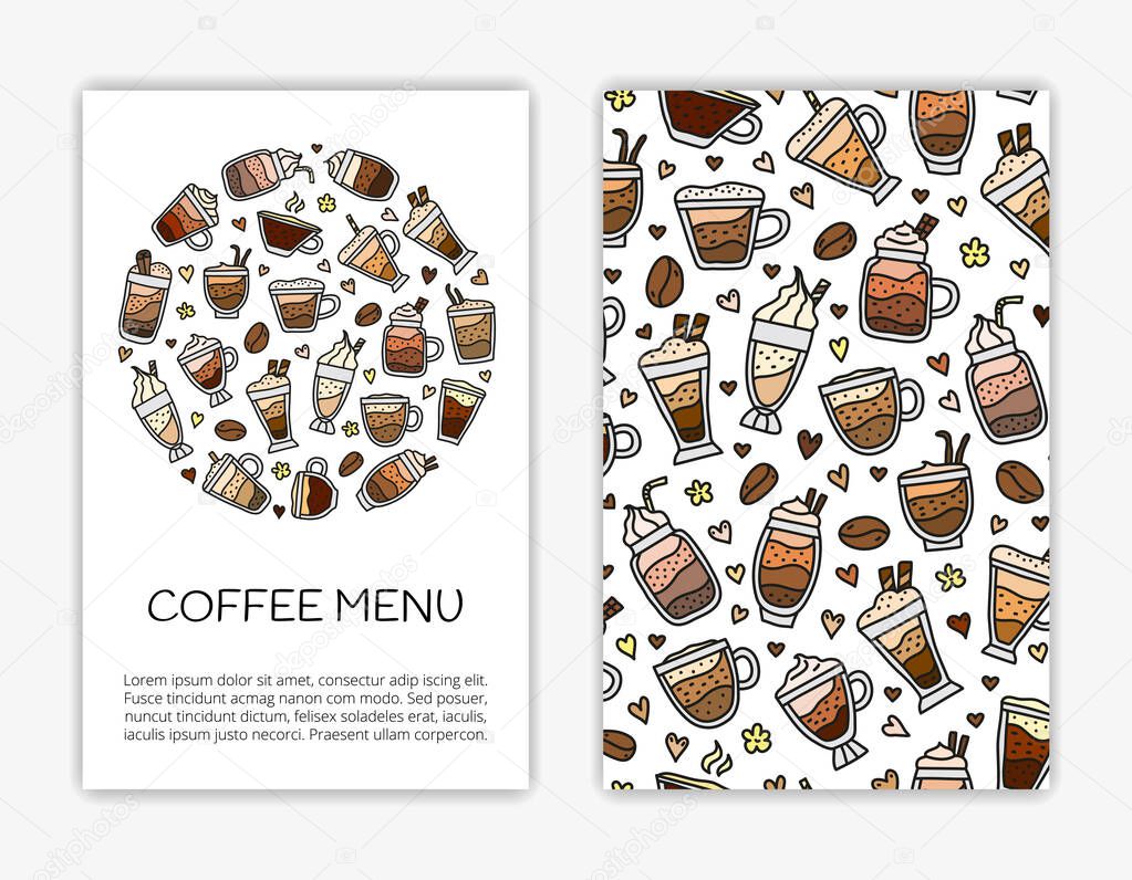 Card templates with doodle colored coffee drinks. Used clipping mask.