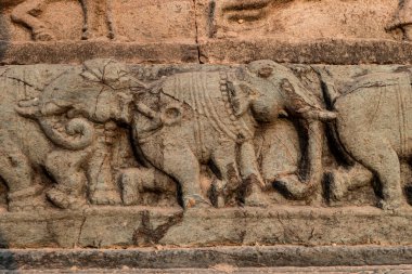 Hampi, Karnataka, Hindistan 'daki harabe kraliyet kalesinin duvarında filler olan bir fresk. Antik bir medeniyetin kalıntıları. Antik heykeltıraşların gelenekleri