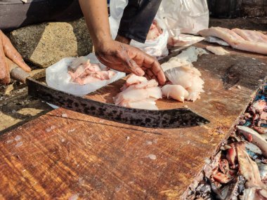 Tahtada taze balık filetosu. Hindistan 'da balık pazarı. Satıcı büyük eğri bir bıçakla balık filetosu kesiyor.