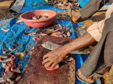 Tahtada taze balık filetosu. Hindistan 'da balık pazarı. Satıcı büyük eğri bir bıçakla balık filetosu kesiyor.