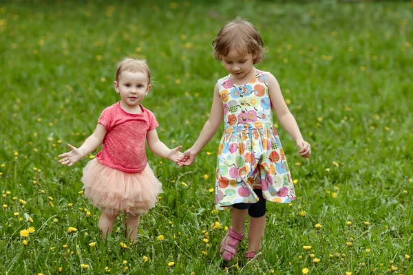 Systrar gå över fältet med maskrosor — Stockfoto