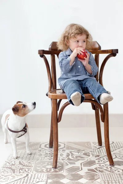 Pequeño niño come manzana en estudio y perro buscando — Foto de Stock