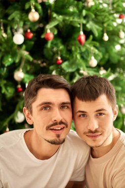 Gay men on Christmas tree background clipart