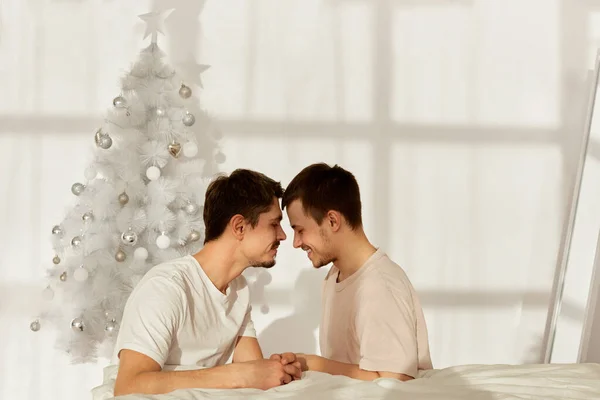 Gay pareja Navidad árbol fondo — Foto de Stock